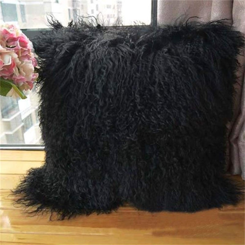 Seek4comfortable Real Tibetan Mongolian Lamb Sheepskin Wool Fur Super Soft Plush Leather Pillowcase Cushion Cover,Black, 18x18 inch - Image 4